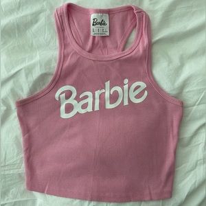 Barbie racerback crop top in pink, size small.